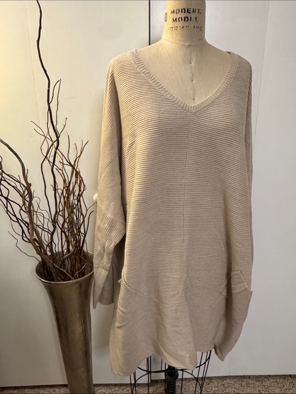 Oversized V-Neck Tunic Sweater in Light Beige